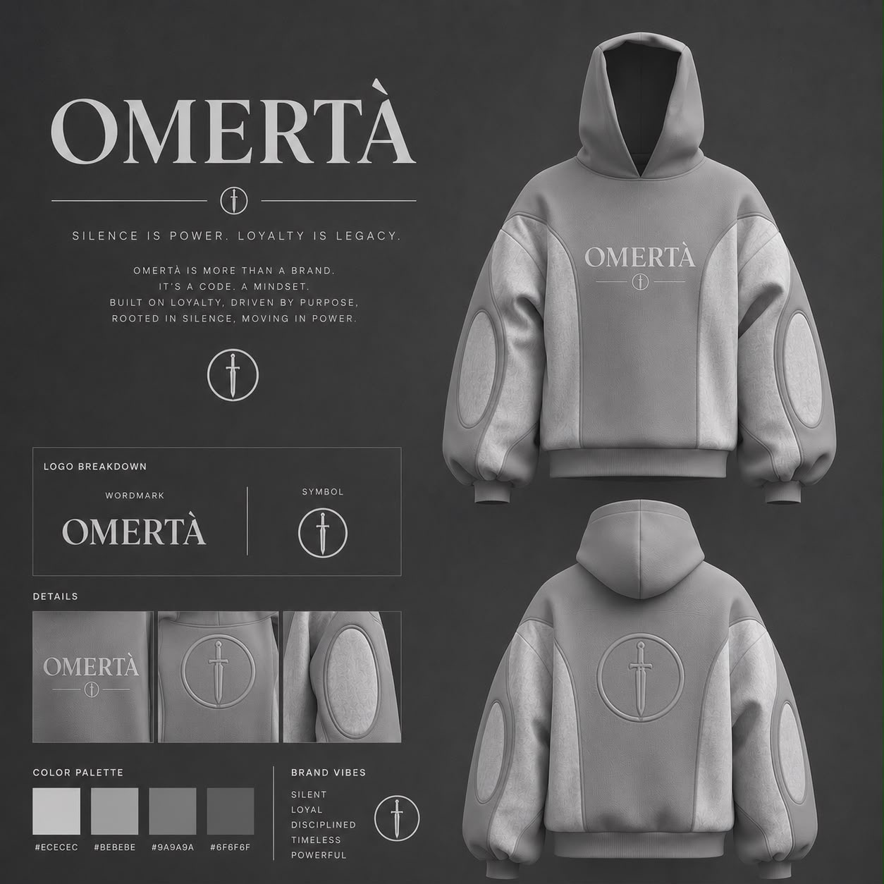 Grey Omertà hoodie front and back showing wordmark and dagger emblem
