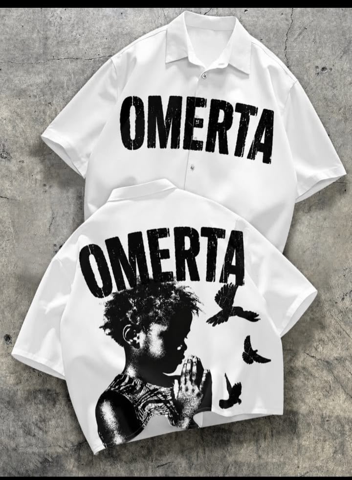 White Omertà short-sleeve shirt with distressed logo and praying child back graphic