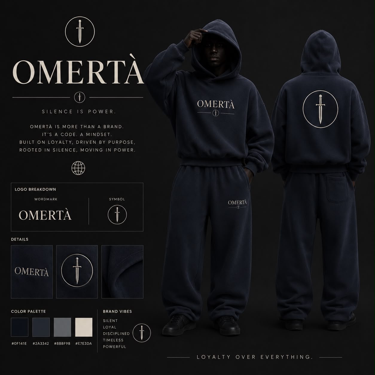 Navy Omertà hooded sweatshirt and sweatpants set with dagger emblem