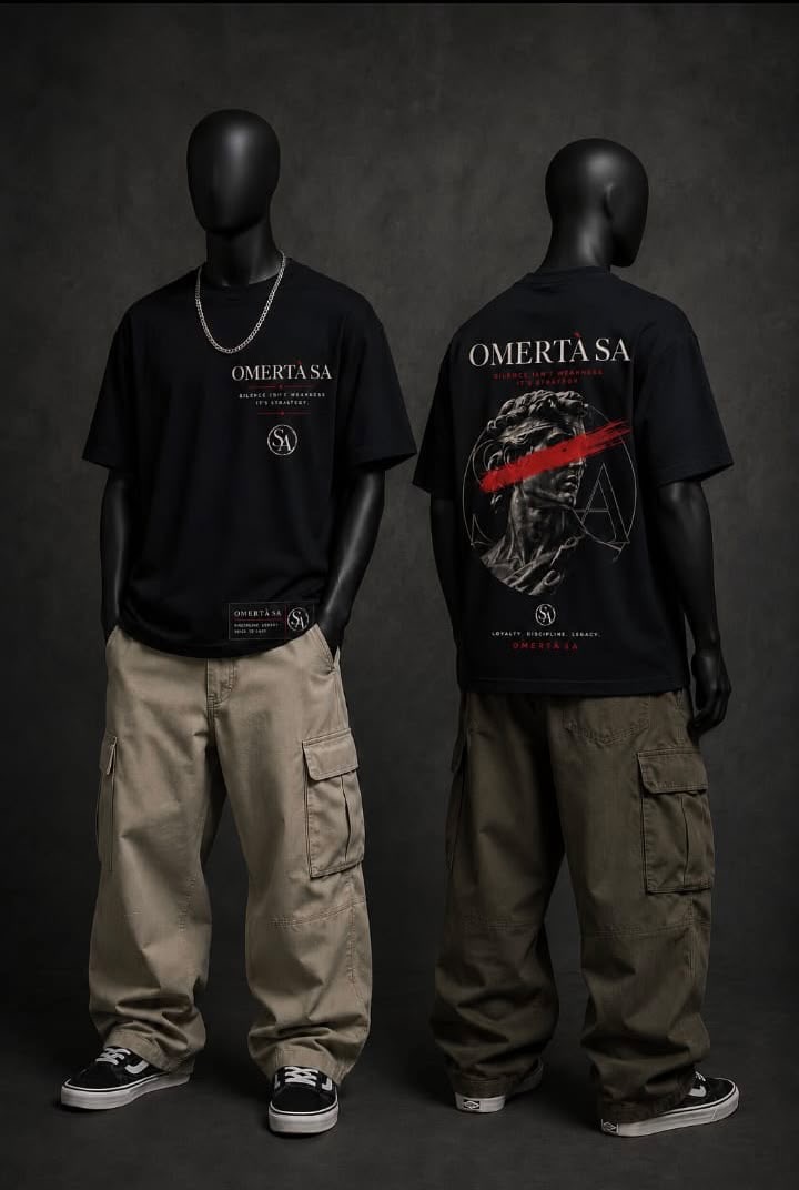 Black Omertà SA tee styled with cargo trousers, front and back views