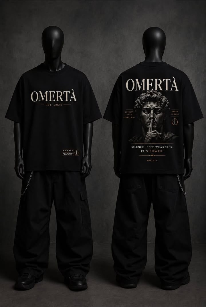 Black Omertà tee front and back with marble bust graphic and Silence Isn't Weakness print